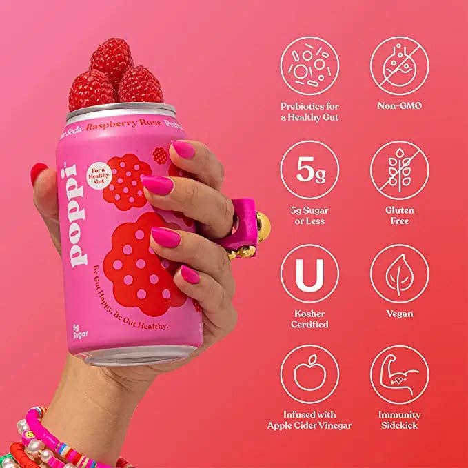 POPPI Sparkling Prebiotic Raspberry Rose Soda